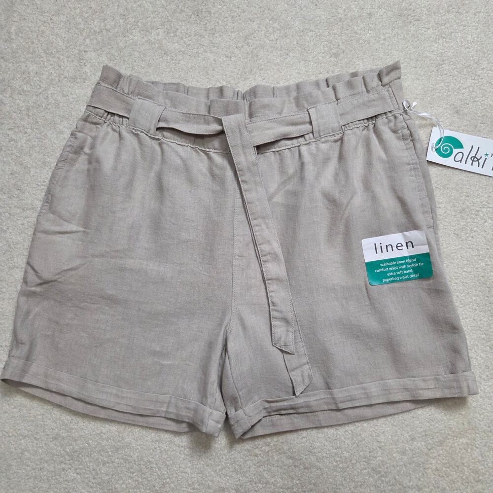 Alki'i XL Linen Blend Pull On Paperbag Cuffed Shorts Hi-Waist Tie Belt Khaki/Tan